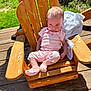 baby, child, wooden_chair, pink_clothing, outdoor, sunlight, deck, towel, socks, grass, person, infant, summer, nature, wood, baby_clothes, serious_expression, seat, sunshine, barefoot