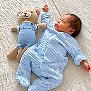 Mateo joined the competition — help win amazing prizes! baby, newborn, sleeping, teddy_bear, stuffed_animal, blue_outfit, romper, bed, quilt, bedroom, portrait, infant, peaceful, cozy, indoors, soft_lighting, matching_outfits, lying_down, nursery, cuddly
