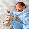 newborn, baby, sleeping, infant, portrait, close_up, bed, quilt, blanket, teddy_bear, stuffed_animal, blue_clothing, onesie, matching_outfits, indoors, peaceful, cute, face, photography, nursery