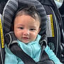 baby, child, car_seat, graco, seatbelt, turquoise_clothing, curly_hair, smile, infant, safety_harness, portrait, indoors, vehicle, window, straps, warning_label, cute, young_child, person, closeup