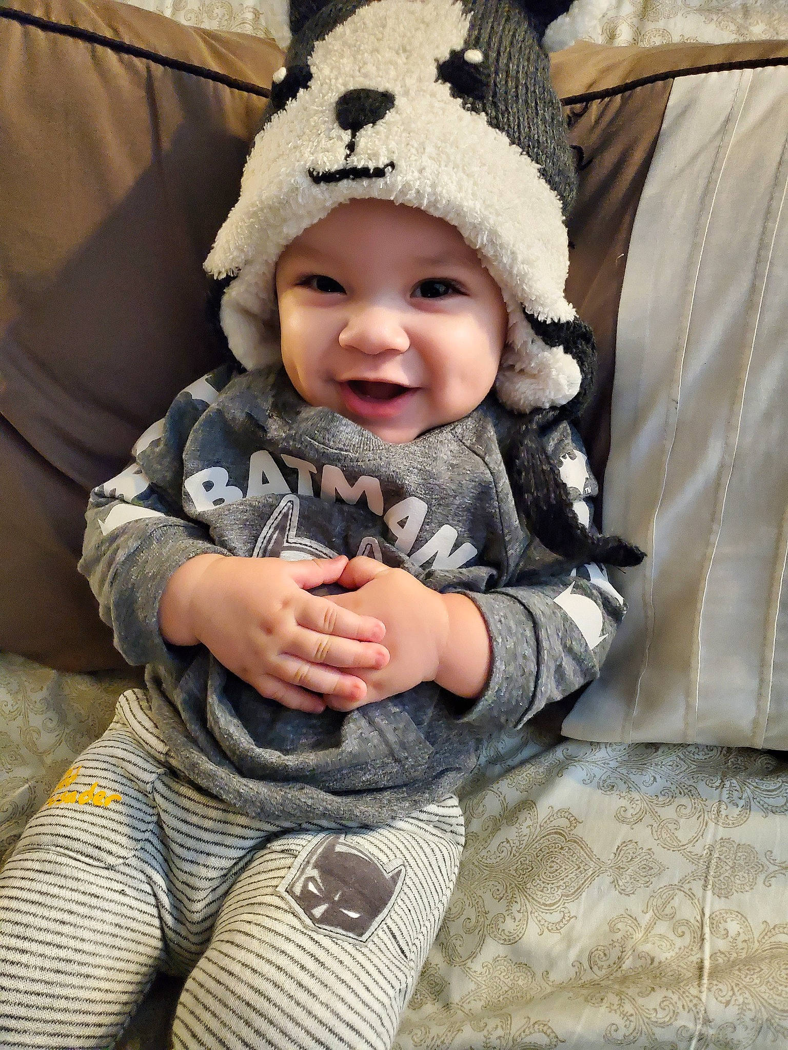 Gabryel is registered to the contest to win money with this photo: baby, beanie, bonnet, cheek, child, ear, headgear, headwear, knit_cap, person, skin, smile, toddler