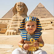 Mena joined the competition — help win amazing prizes! toddler, child, egyptian_costume, pharaoh, ankh, desert, sand, sphinx, pyramids, ancient_egypt, historical_site, sunny, outdoor, happy, smiling, portrait, costume, blue_and_gold, barefoot, cultural