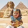 toddler, child, egyptian_costume, pharaoh, ankh, desert, sand, sphinx, pyramids, ancient_egypt, historical_site, sunny, outdoor, happy, smiling, portrait, costume, blue_and_gold, barefoot, cultural