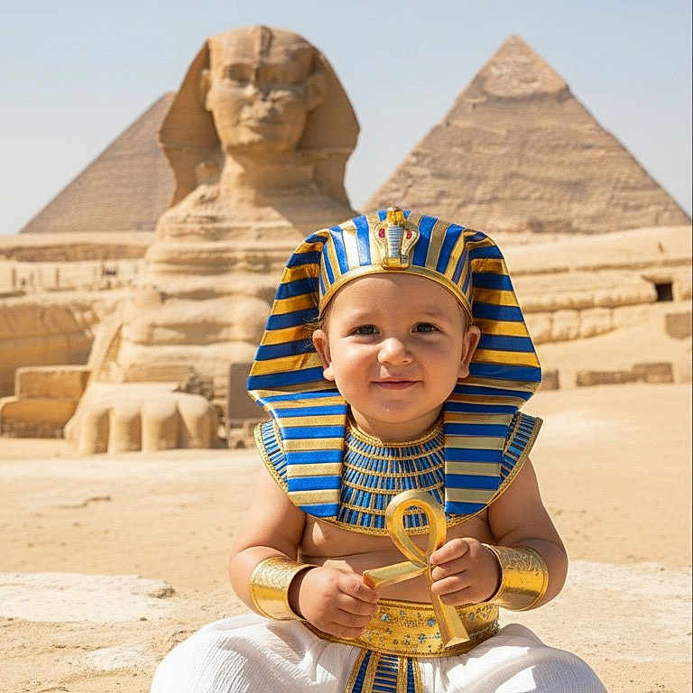 Mena joined the competition — help win amazing prizes! ancient_egypt, ankh, barefoot, blue_and_gold, child, costume, cultural, desert, egyptian_costume, happy, historical_site, outdoor, pharaoh, portrait, pyramids, sand, smiling, sphinx, sunny, toddler