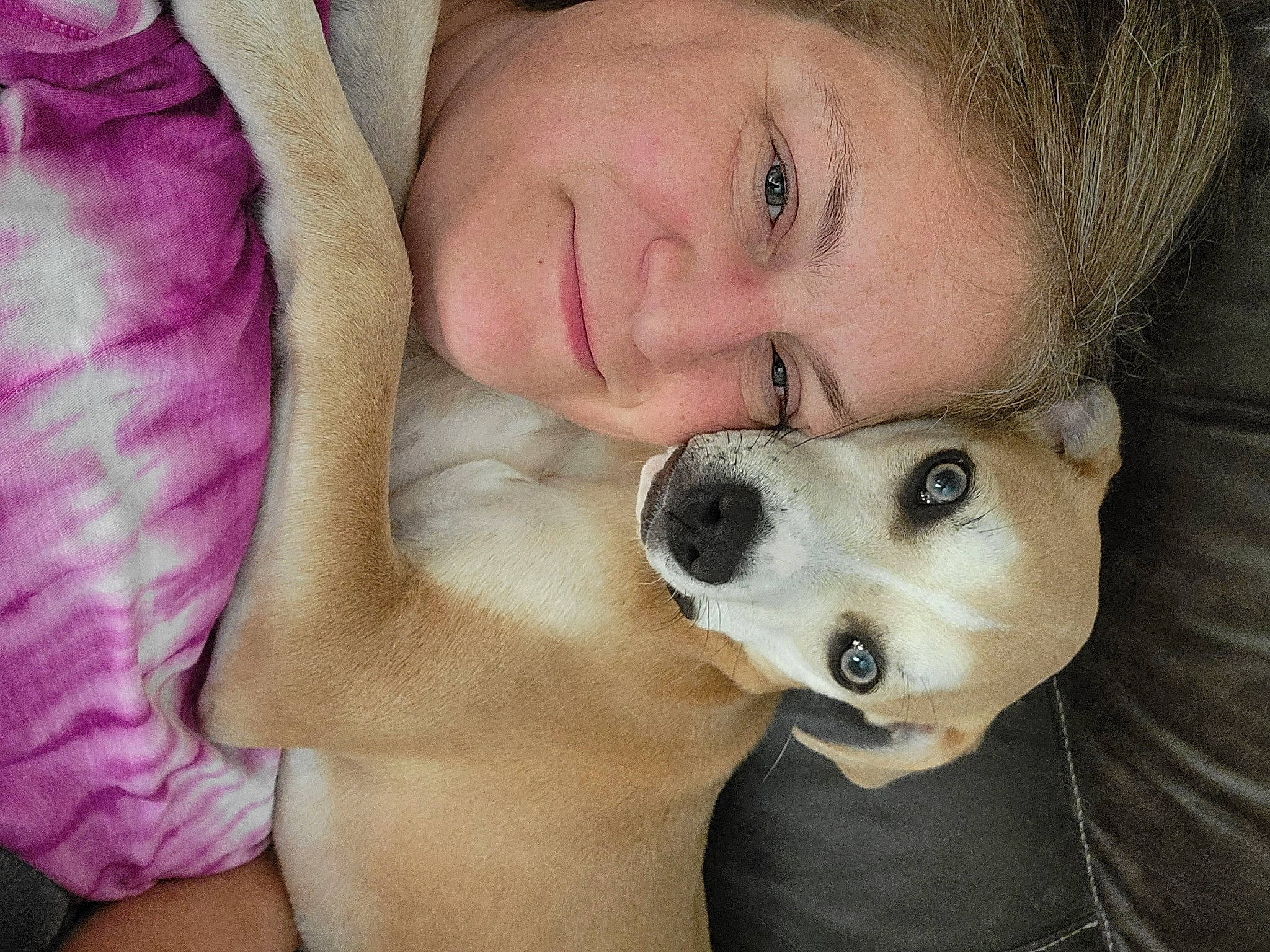 Nellie Jane joined the competition — help win amazing prizes! carnivore, child, comfort, companion_dog, dog, dog_breed, eyelash, fawn, fur, gesture, happy, linens, nose, selfie, skin, smile, whiskers