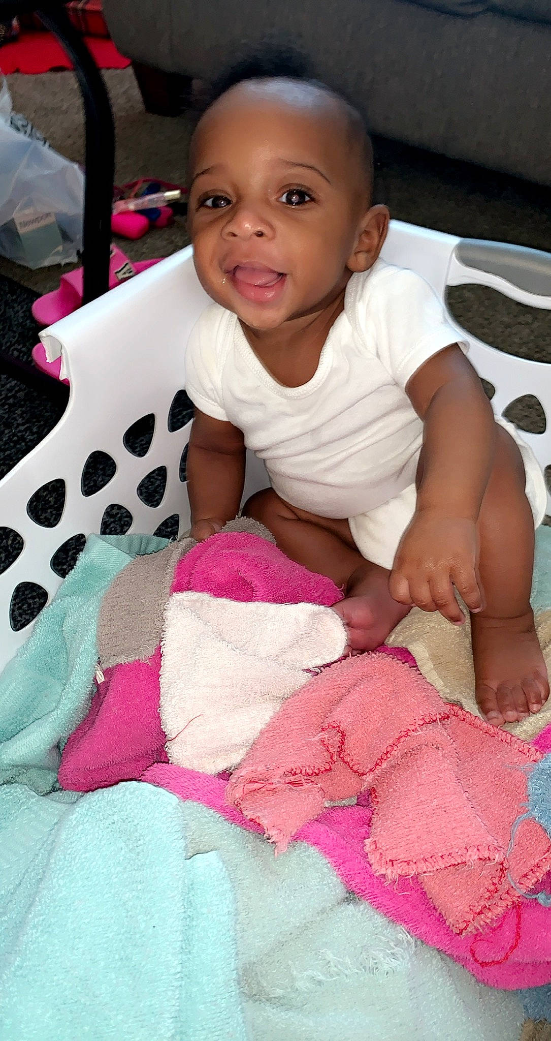 Kannon joined the competition — help win amazing prizes! baby, baby_toddler_clothing, cheek, eye, foot, linens, magenta, mouth, nose, pattern, person, pink, polka_dot, sock, textile, toddler