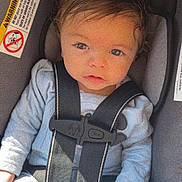 Zylus is registered to the contest to win money with this photo: baby, infant, car_seat, safety_harness, blue_clothing, child, cute, face, hand, seatbelt, car_interior, young_child, portrait, looking_up, curious, indoors, sunlight, small_hands, hair, expression