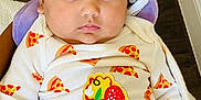Mia joined the competition — help win amazing prizes! baby, infant, bandana, pizza_pattern, clothing, cute, child, face, portrait, indoors, hand, sitting, expression, cozy, blanket, wearing, headwear, young, apparel, looking