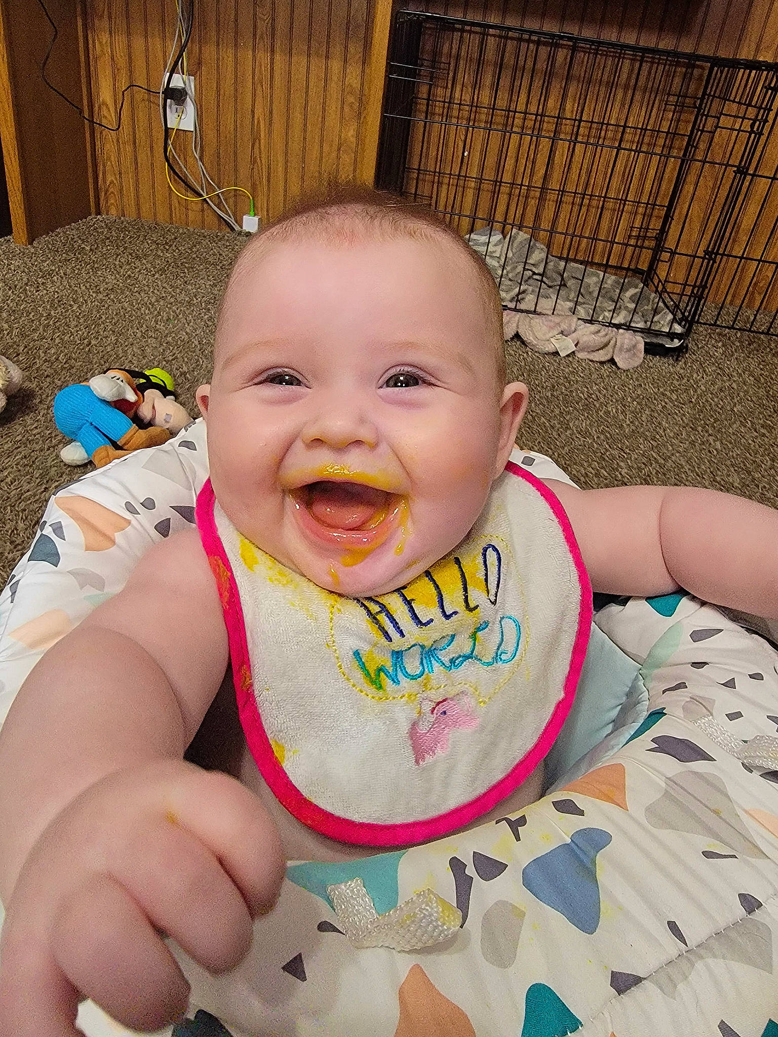 Barbara is registered to the contest to win money with this photo: baby, baby_toddler_clothing, cheek, eye, face, facial_expression, finger, fun, gesture, hairstyle, happy, head, iris, joy, mouth, nose, person, pink, skin, sleeve