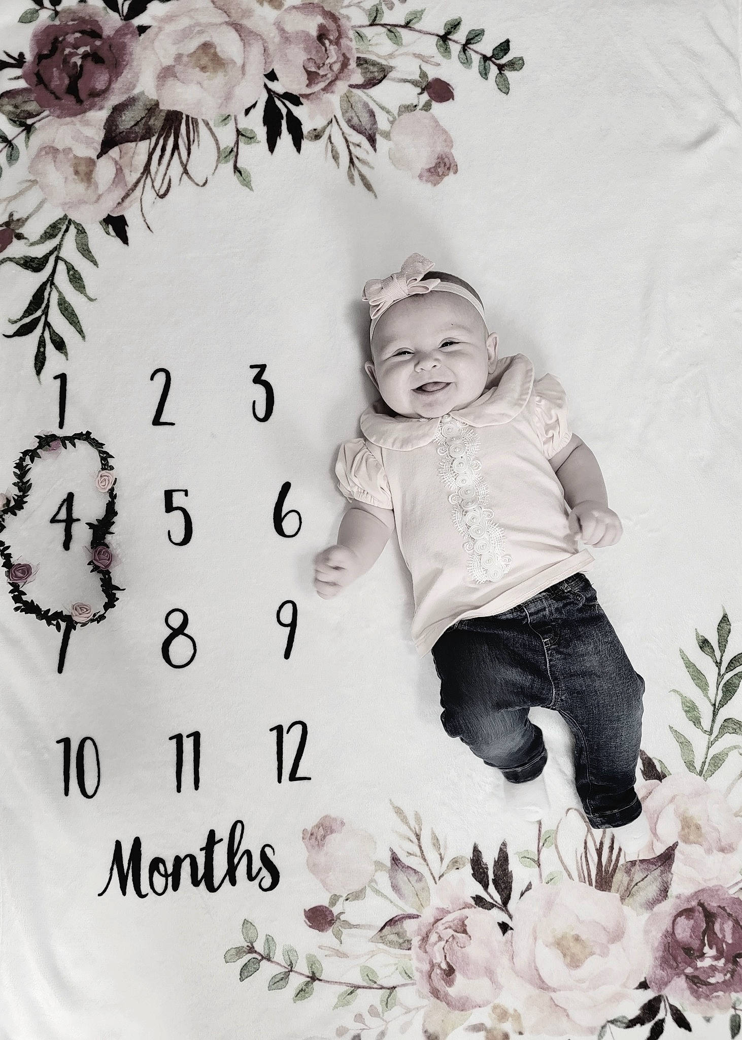 Barbara is registered to the contest to win money with this photo: art, baby, beauty, black_and_white, child, design, facial_expression, font, happy, headwear, joy, monochrome, monochrome_photography, pattern, person, petal, product, room, sleeve, smile