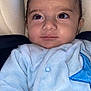 Kenan participe au concours pour gagner de l'argent avec cette photo : baby, child, infant, face, eyes, clothing, onesie, blue, star, seat, cushion, portrait, cute, expression, indoors, skin, head, person, young, closeup
