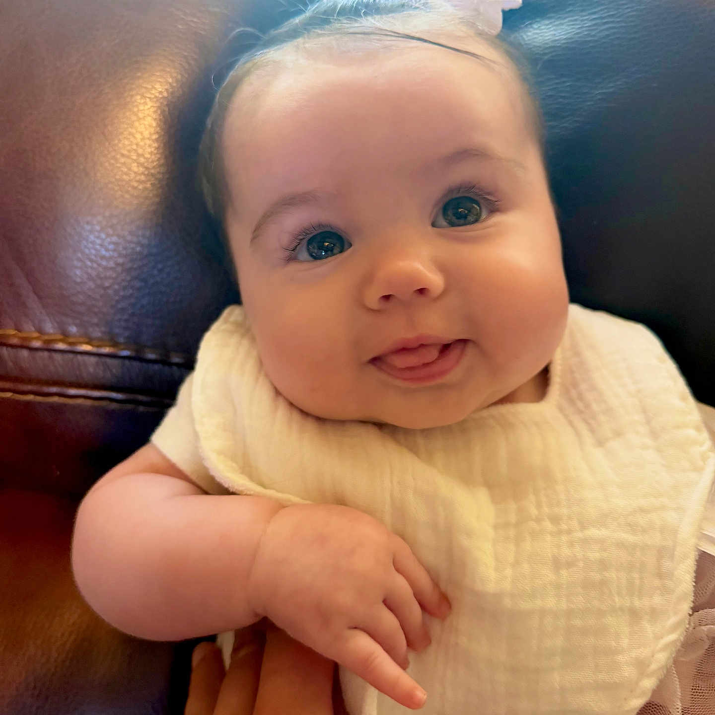 Holly joined the competition — help win amazing prizes! baby, infant, child, face, tongue_out, bow, bib, hand, skin, leather_chair, cute, adorable, expression, portrait, indoor, person, young_child, smiling, closeup, happy