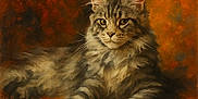 Samael participe au concours pour gagner de l'argent avec cette photo : cat, tabby, fluffy, animal, pet, portrait, orange_background, feline, long_fur, relaxed, lying_down, whiskers, ears, eyes, soft_texture, artistic, painting_style, warm_colors, majestic, domestic_cat
