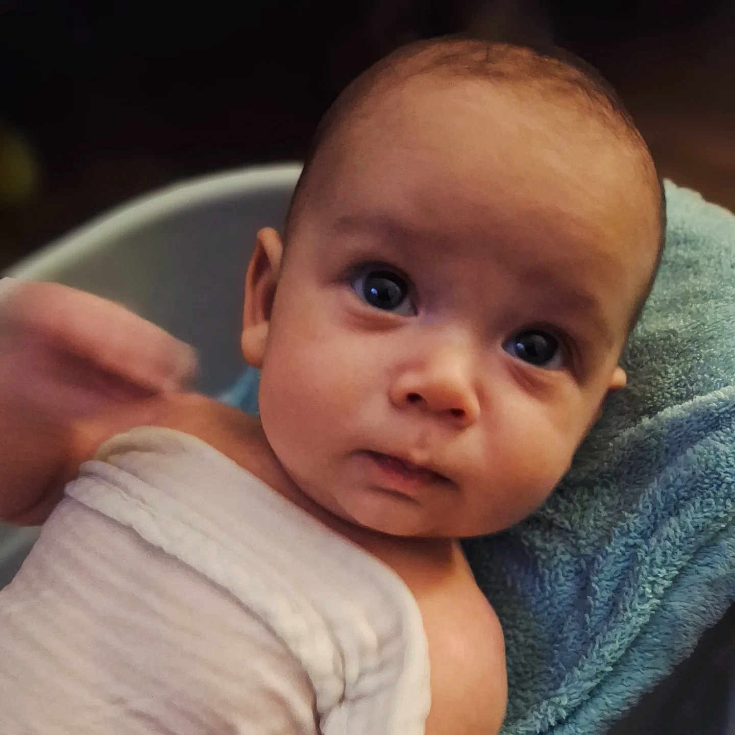 Sterling is registered to the contest to win money with this photo: baby, infant, face, eyes, towel, blanket, skin, expression, curious, closeup, portrait, child, young, head, person, resting, indoors, soft, texture, sleepwear