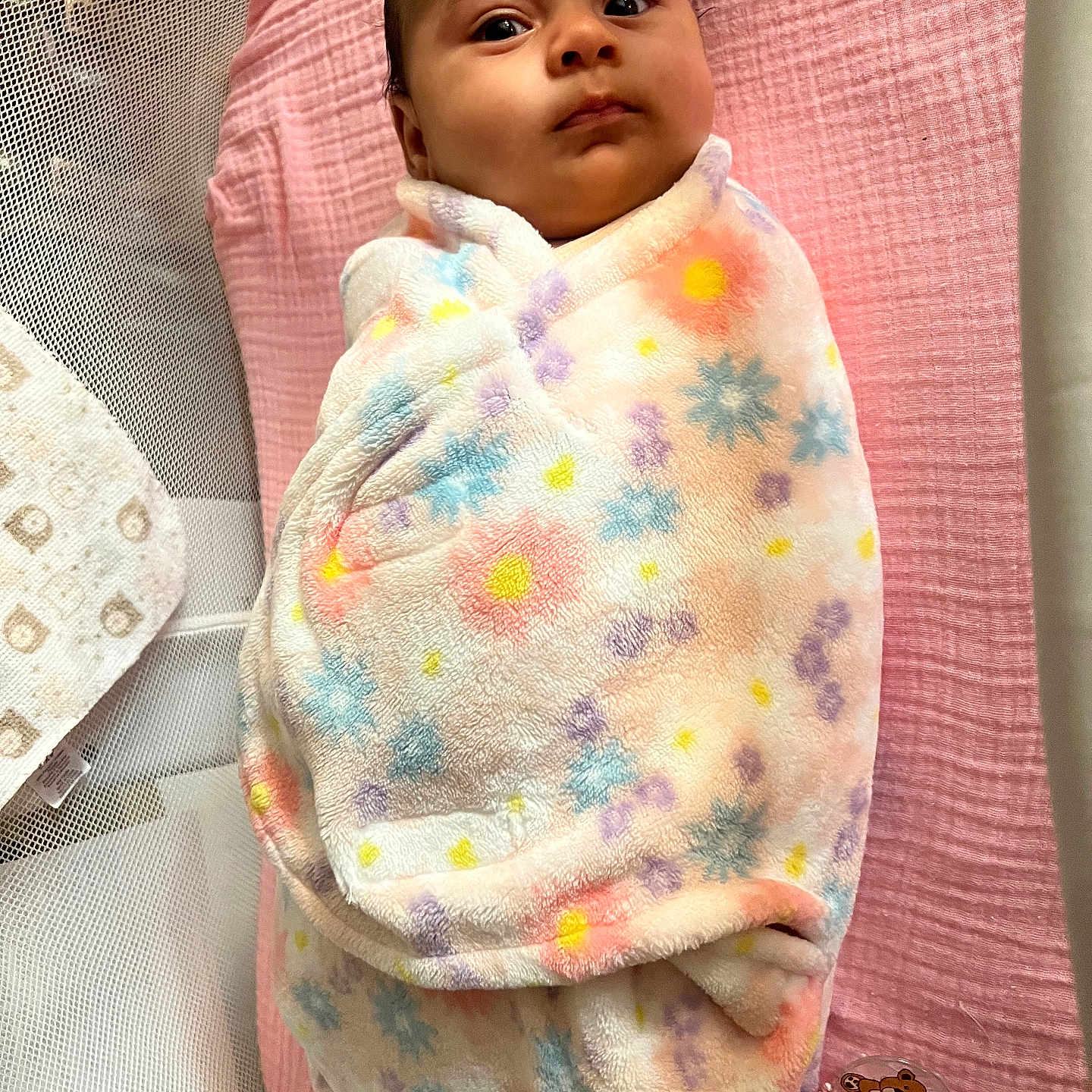 Rosalba joined the competition — help win amazing prizes! baby, baby_care, bed, blanket, child, comfort, cute, face, floral_pattern, indoors, infant, newborn, pacifier, pink, portrait, resting, sleeping_area, soft_texture, warm, wrapped