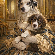Appy participe au concours pour gagner de l'argent avec cette photo : dog, puppy, royal_clothing, costume, pearls, luxury, ornate, gold, blue, lace, portrait, indoor, furniture, decor, elegant, cute, animal, pet, historic_style, posh