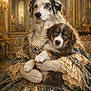 dog, puppy, royal_clothing, costume, pearls, luxury, ornate, gold, blue, lace, portrait, indoor, furniture, decor, elegant, cute, animal, pet, historic_style, posh