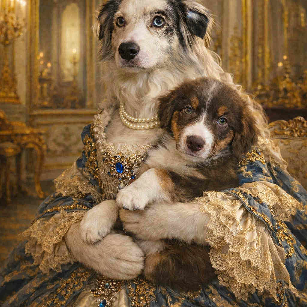 Appy participe au concours pour gagner de l'argent avec cette photo : animal, blue, costume, cute, decor, dog, elegant, furniture, gold, historic_style, indoor, lace, luxury, ornate, pearls, pet, portrait, posh, puppy, royal_clothing