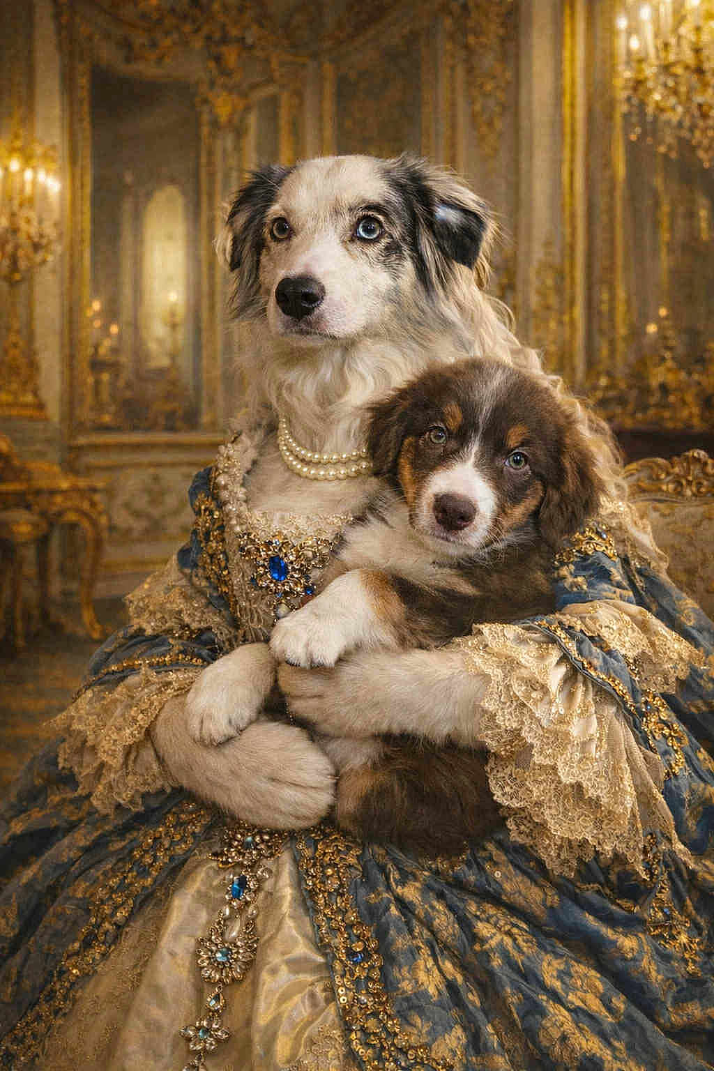 Appy participe au concours pour gagner de l'argent avec cette photo : dog, puppy, royal_clothing, costume, pearls, luxury, ornate, gold, blue, lace, portrait, indoor, furniture, decor, elegant, cute, animal, pet, historic_style, posh