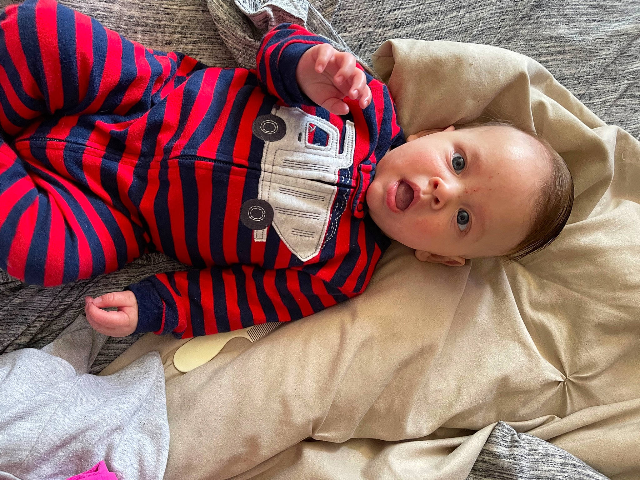 Isaiah joined the competition — help win amazing prizes! abdomen, baby, carmine, child, comfort, elbow, eyewear, human_body, human_leg, joint, knee, mouth, person, plaid, sitting, skin, sleeve, surprise, thigh, toddler