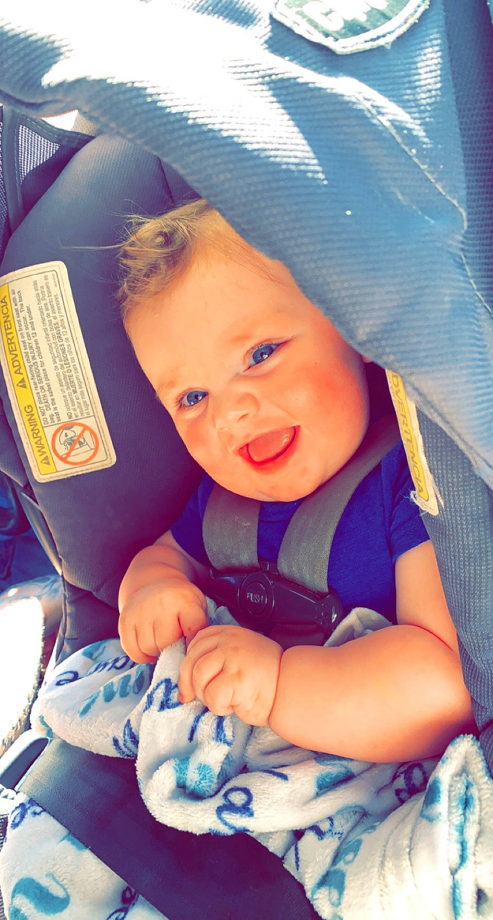 Kasen joined the competition — help win amazing prizes! baby, baby_carriage, baby_in_car_seat, baby_products, baby_toddler_clothing, blue, cheek, child, cool, electric_blue, fashion_accessory, finger, fun, happy, iris, person, product, sitting, skin, smile