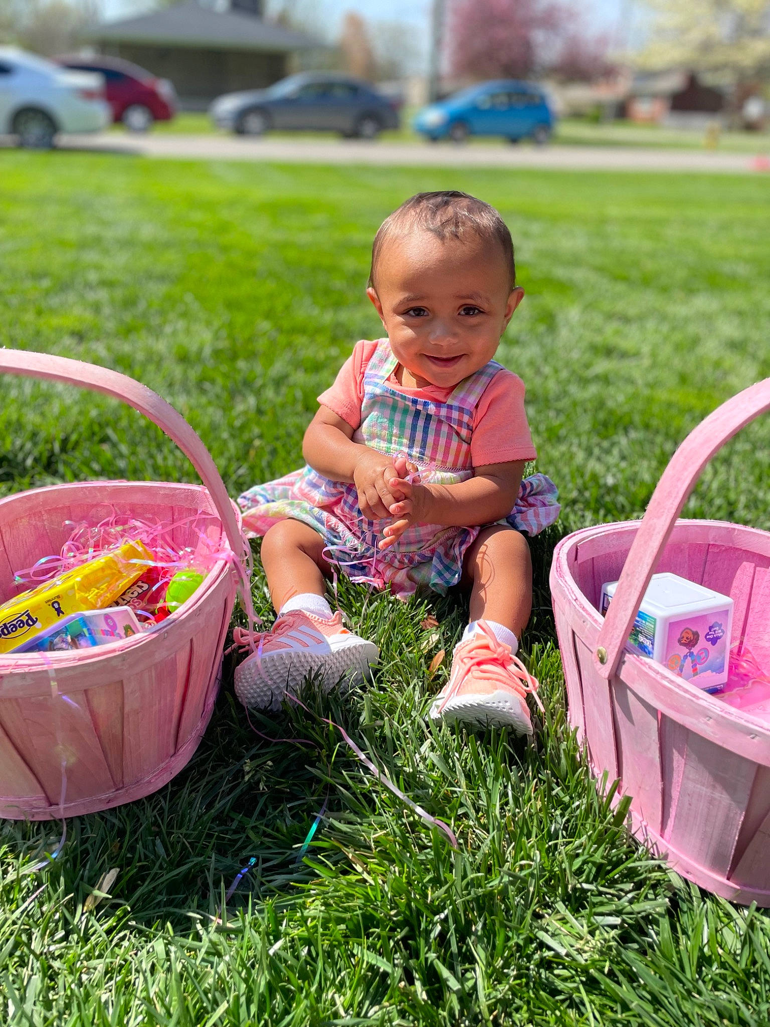 Jream is registered to the contest to win money with this photo: baby, baby_toddler_clothing, car, community, fun, grass, green, happy, joy, leisure, mammal, people_in_nature, person, pink, plant, product, smile, sneakers, summer, tire