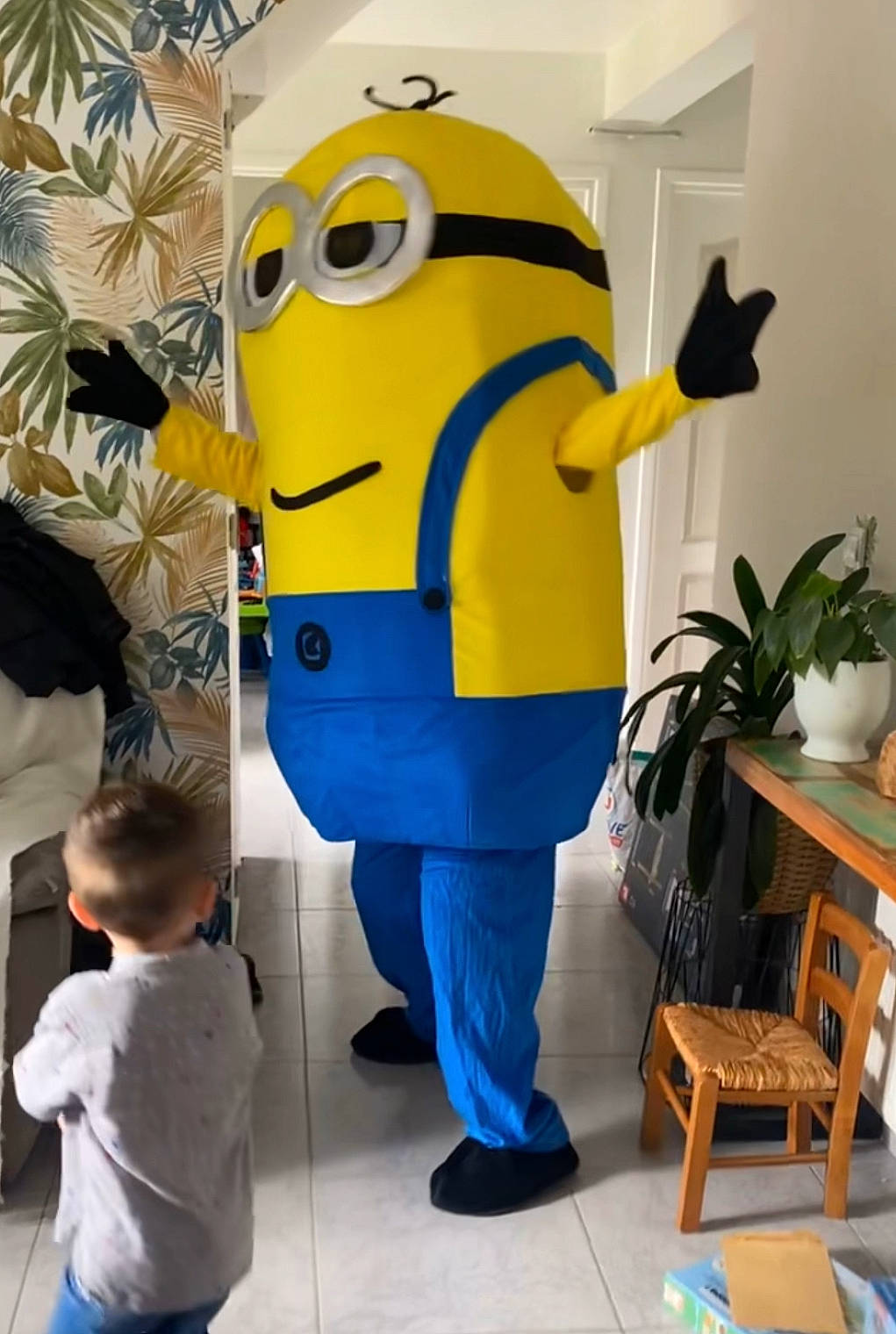 Mignonne participe au concours pour gagner de l'argent avec cette photo : animated_cartoon, animation, art, child, costume, fiction, fictional_character, flowerpot, fun, gesture, houseplant, mascot, plant, plush, room, t_shirt, table, toddler, tree, visual_arts