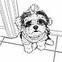 dog, puppy, small_dog, bow, sweater, tile_floor, line_art, drawing, illustration, black_and_white, fur, cute, sitting, looking_up, indoor, door_frame, nose, eyes, whiskers, portrait