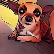 Nouki participe au concours pour gagner de l'argent avec cette photo : animal, brown_dog, cartoon_style, chihuahua, close_up, couch, cute, dog, ears, exaggerated_features, face, funny_expression, furniture, indoor, pet, portrait, relaxing, resting, small_dog, stylized