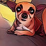 animal, brown_dog, cartoon_style, chihuahua, close_up, couch, cute, dog, ears, exaggerated_features, face, funny_expression, furniture, indoor, pet, portrait, relaxing, resting, small_dog, stylized