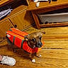 Drake is registered to the contest to win money with this photo: animal, brown_dog, canine, curious, dog, domestic_animal, floor, floorboards, footwear, furniture, household, indoor, life_jacket, looking_up, orange, pet, shoe, small_dog, wood, wooden_floor