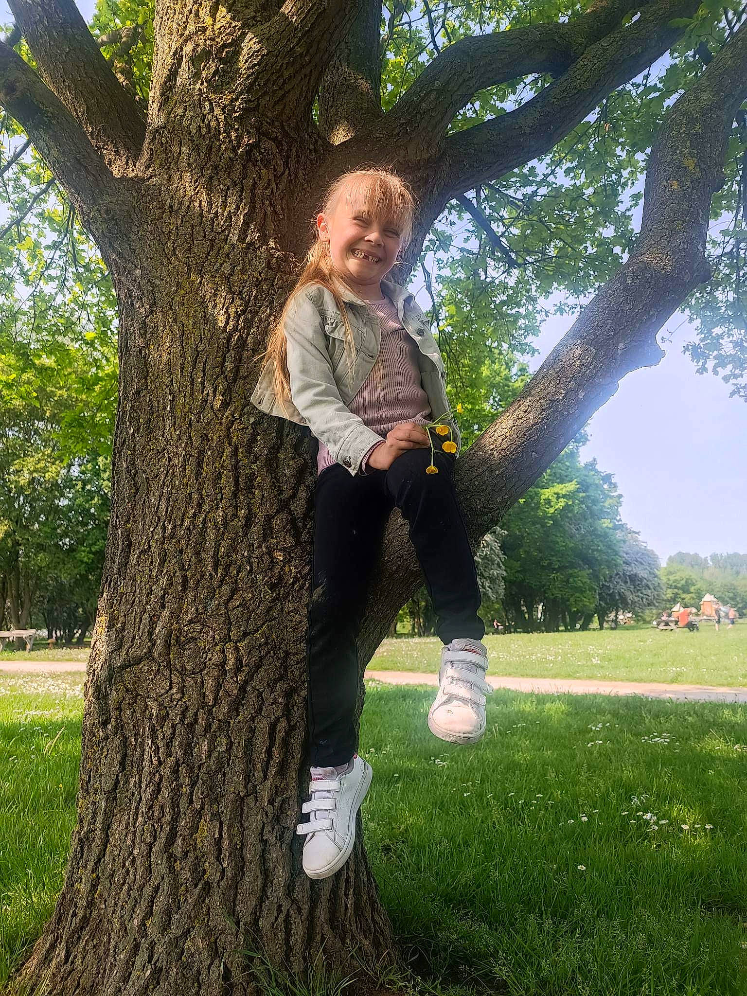 Juliette participe au concours pour gagner de l'argent avec cette photo : botany, branch, fun, grass, grassland, happy, joy, knee, lawn, leisure, people_in_nature, person, plant, sitting, sky, smile, thigh, tints_and_shades, tree, trunk