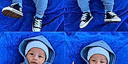 Leo is registered to the contest to win money with this photo: baby, baby_hat, blue_blanket, blue_clothing, casual_wear, child, collage, comfortable, cute, expression, footwear, hands, hoodie, infant, laying_down, outfit, playing, portrait, smiling, sneakers