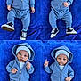 baby, baby_hat, blue_blanket, blue_clothing, casual_wear, child, collage, comfortable, cute, expression, footwear, hands, hoodie, infant, laying_down, outfit, playing, portrait, smiling, sneakers