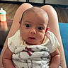 Evelyn joined the competition — help win amazing prizes! baby, infant, child, portrait, sitting, lap, wide_eyes, curious, indoors, home, blanket, onesie, bottle, furniture, hardwood_floor, television, table, adult, hands, candid