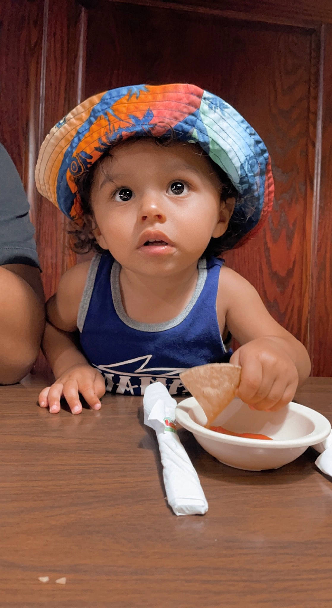 Octavius joined the competition — help win amazing prizes! baby, baby_toddler_clothing, cap, child, eye, face, fashion_accessory, finger, fun, happy, hat, headgear, headwear, kitchen_utensil, person, plate, skin, spoon, sun_hat, surprise