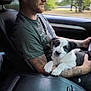 man, puppy, dog, car, seatbelt, tattoo, window, nature, trees, interior, seat, black_and_white, pet, holding, driving, calm, portrait, animal, side_view, casual_clothing