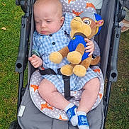 Archie joined the competition — help win amazing prizes! baby, baby_clothing, blue_socks, child, cushion, expression, footwear, fox_pattern, grass, head, infant, legs, nature, outdoor, person, plush_toy, seat_belt, stroller, summer, toy