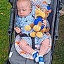 baby, baby_clothing, blue_socks, child, cushion, expression, footwear, fox_pattern, grass, head, infant, legs, nature, outdoor, person, plush_toy, seat_belt, stroller, summer, toy