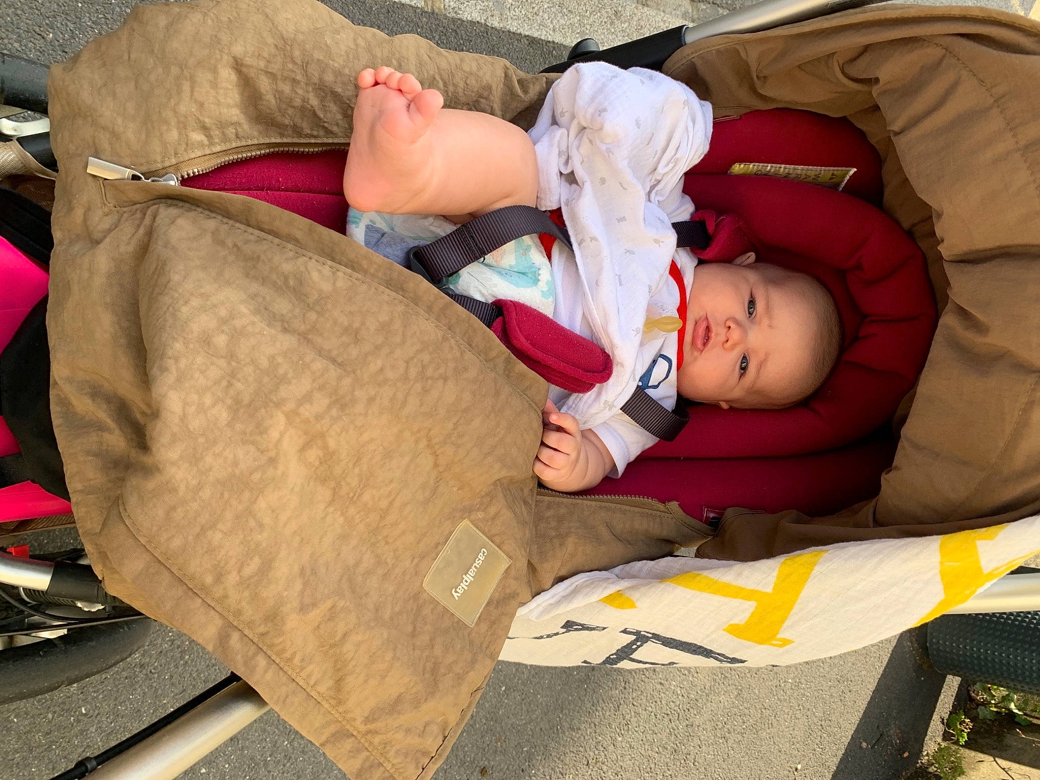 Sevastian participe au concours pour gagner de l'argent avec cette photo : baby, baby_carriage, baby_products, baby_toddler_clothing, bag, car_seat, carmine, child, comfort, face, fun, grass, lap, leisure, nap, person, sitting, sleep, toddler, tree