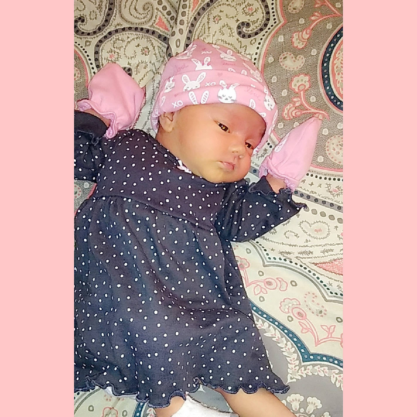 Stella joined the competition — help win amazing prizes! baby, baby_toddler_clothing, bonnet, child, clothing, design, dress, happy, head, headgear, outerwear, pattern, person, pink, product, sleeve, textile, toddler