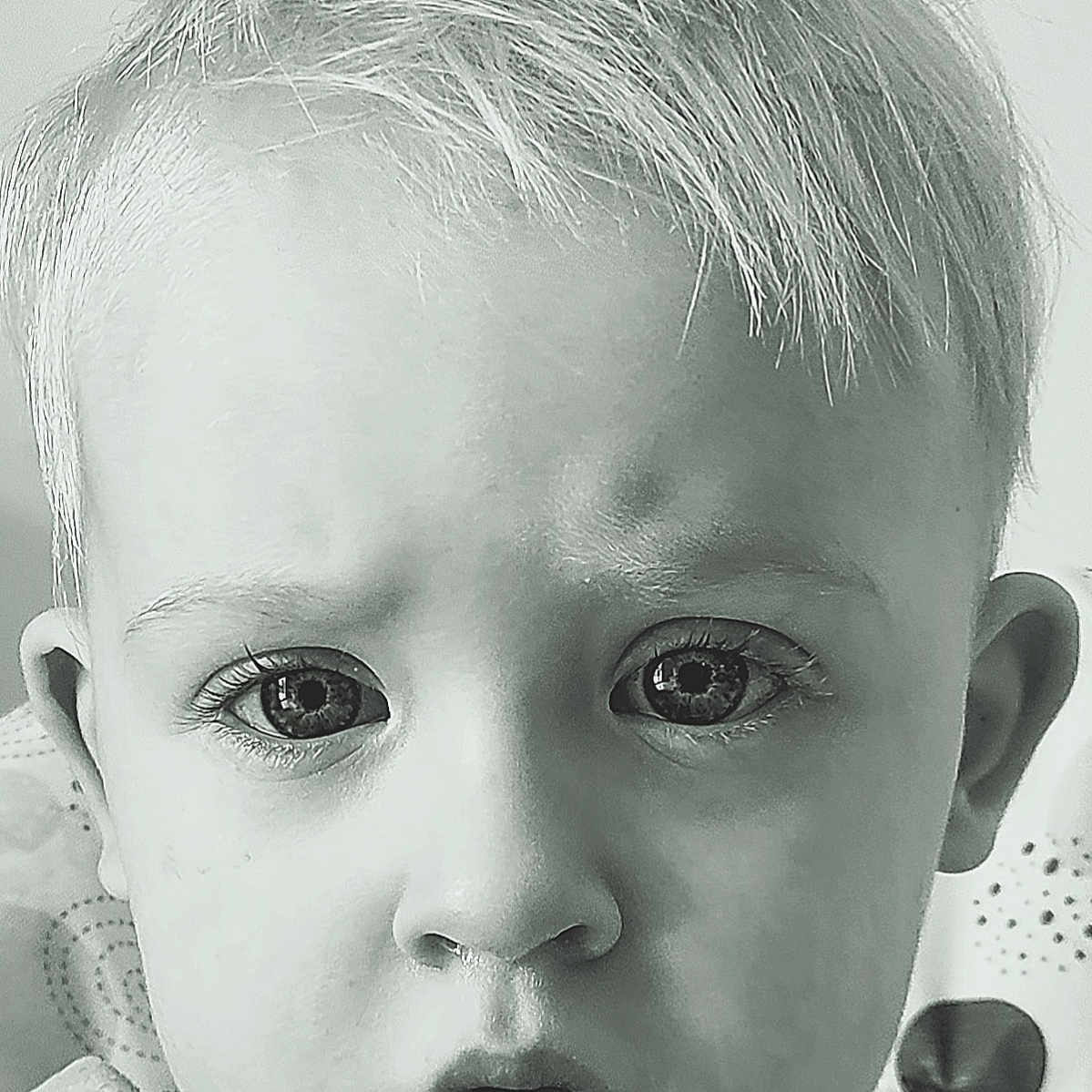 Sasha a rejoint le concours — aidez-le/la à gagner de superbes lots ! toddler, child, face, portrait, black_and_white, expression, curly_hair, eyes, nose, mouth, skin, clothing, blanket, indoor, baby, young_child, closeup, head, person, curious