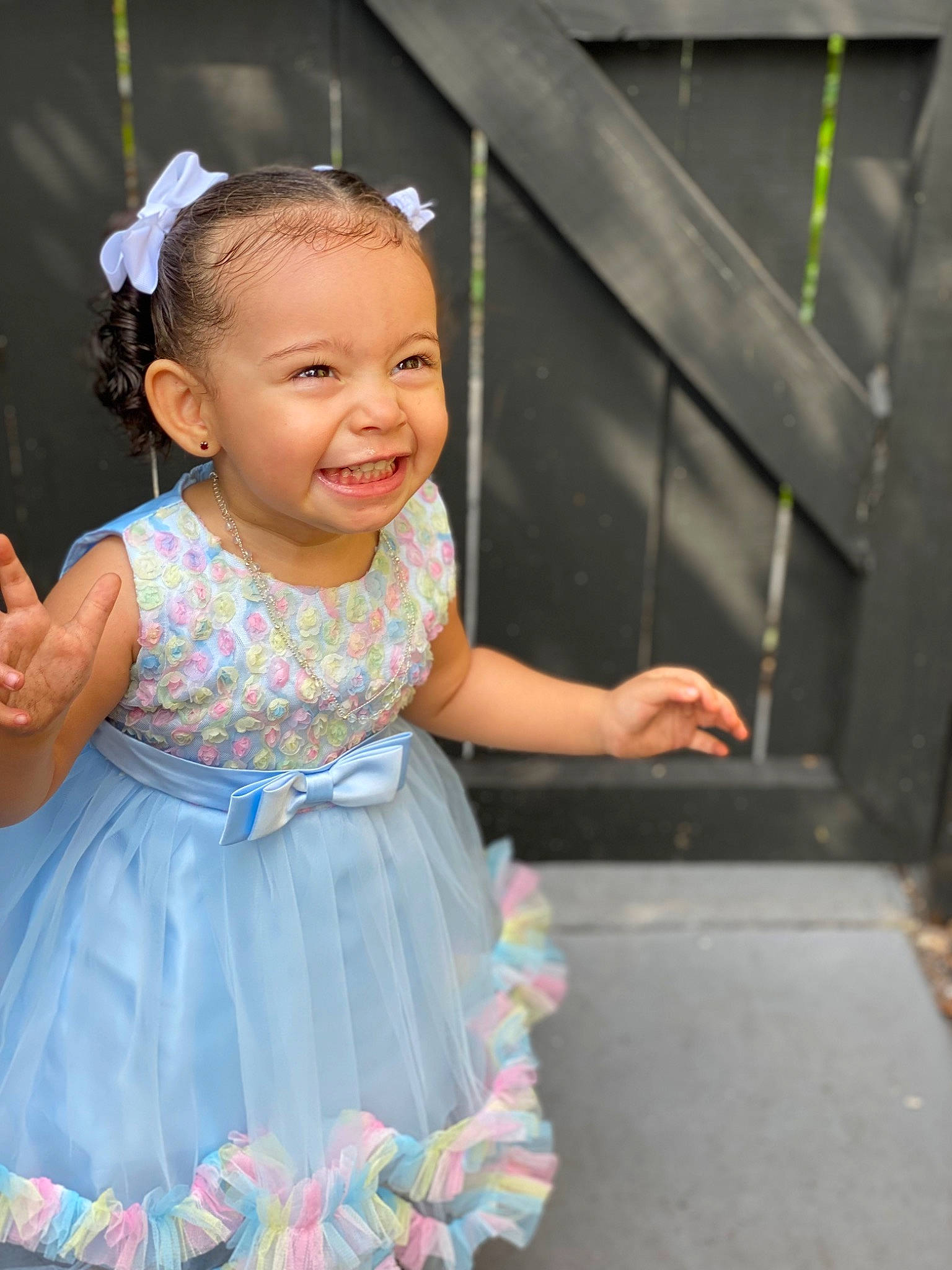 Santana joined the competition — help win amazing prizes! baby_toddler_clothing, child, day_dress, dress, embellishment, event, eyelash, facial_expression, flash_photography, fun, happy, head, headpiece, jewellery, joy, magenta, person, pink, shoulder, skin