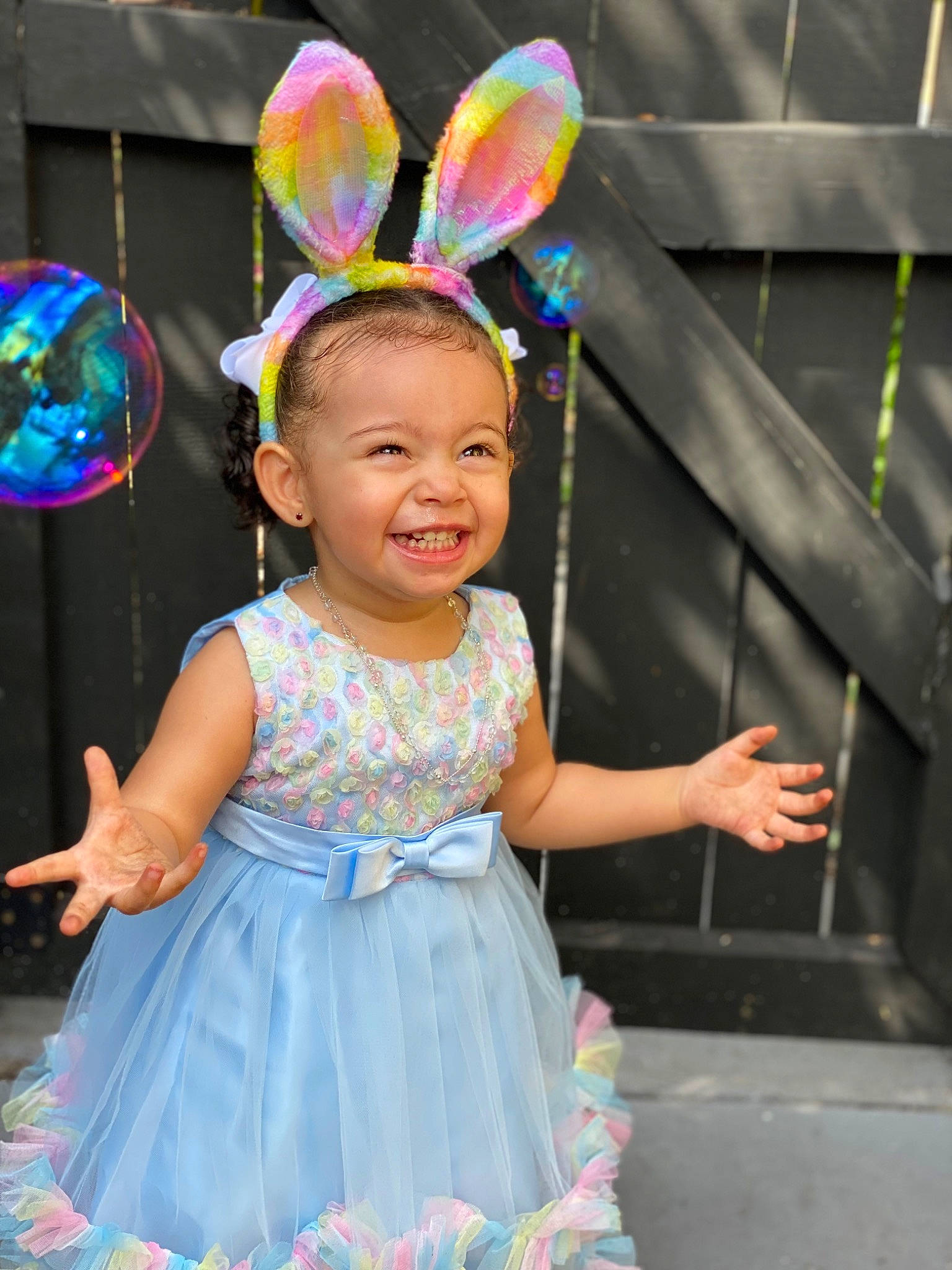 Santana joined the competition — help win amazing prizes! baby_toddler_clothing, child, day_dress, dress, embellishment, event, fashion, fashion_accessory, fun, green, happy, headpiece, joy, magenta, one_piece_garment, party_supply, person, pink, smile, toddler