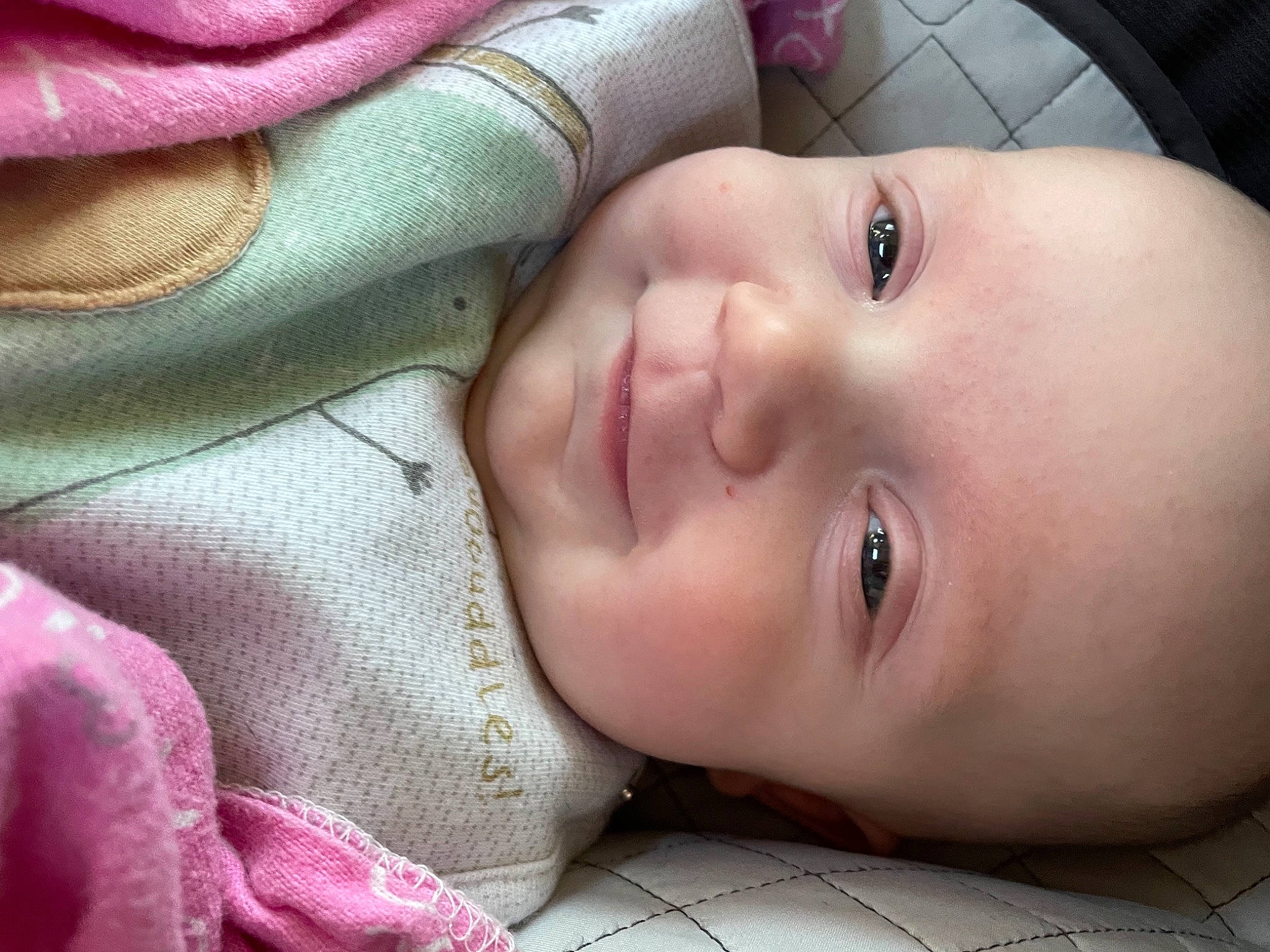 Emma joined the competition — help win amazing prizes! baby, cheek, child, chin, close_up, comfort, eyebrow, eyelash, face, forehead, grass, linens, lip, mouth, nose, pattern, person, pink, skin, smile