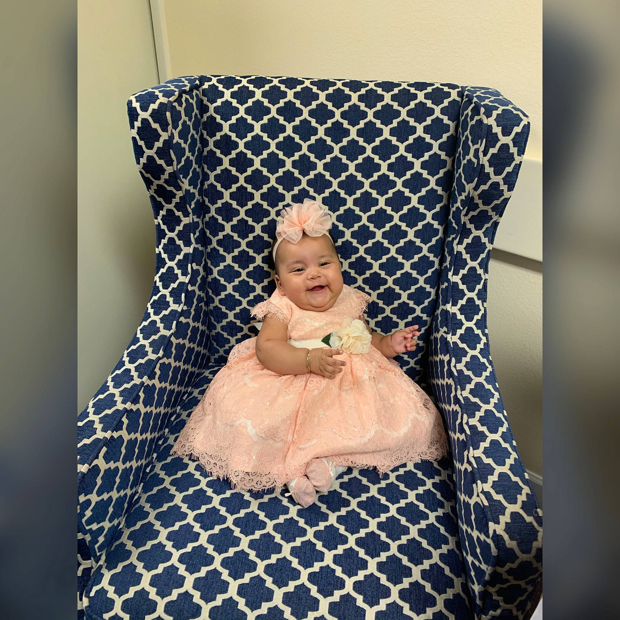 Crystal joined the competition — help win amazing prizes! chair, child, design, dress, furniture, joy, pattern, person, photography, room, sitting, toddler