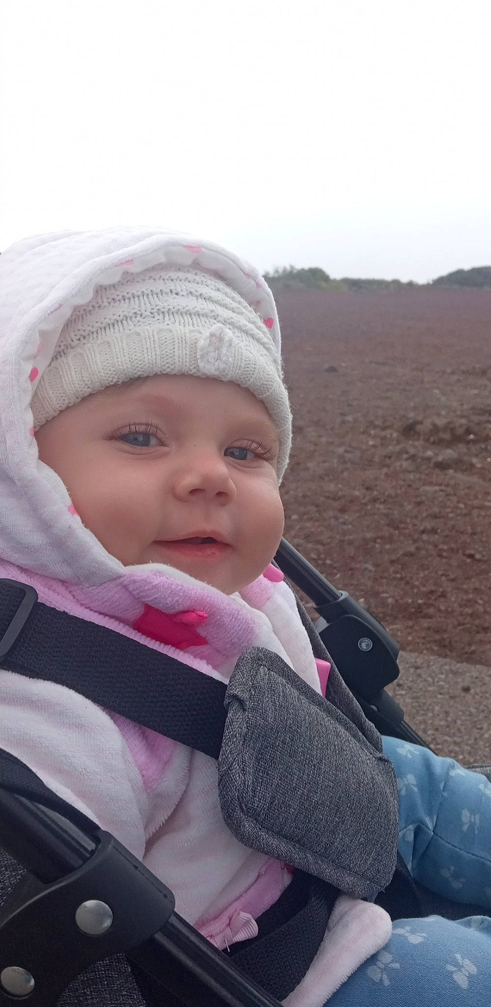 Nalya participe au concours pour gagner de l'argent avec cette photo : baby, baby_carriage, baby_products, baby_toddler_clothing, cap, cheek, child, comfort, face, grass, happy, headwear, landscape, lip, person, recreation, skin, sky, toddler, travel