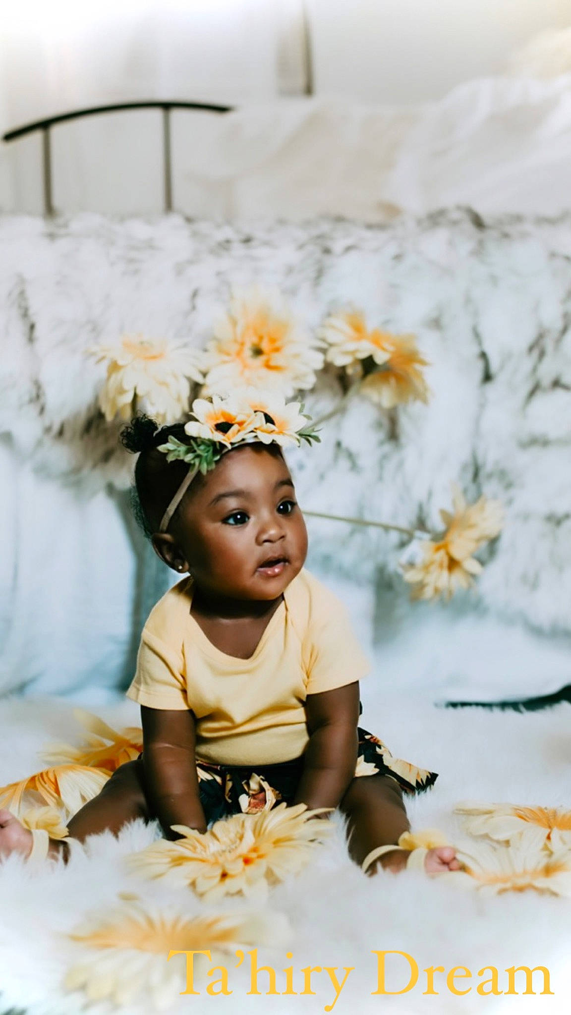 Tahiry is registered to the contest to win money with this photo: baby, baby_toddler_clothing, child, child_model, costume_accessory, cut_flowers, embellishment, fashion_accessory, floral_design, hair_accessory, headband, headgear, headpiece, headwear, nose, person, petal, photo_shoot, portrait_photography, toddler