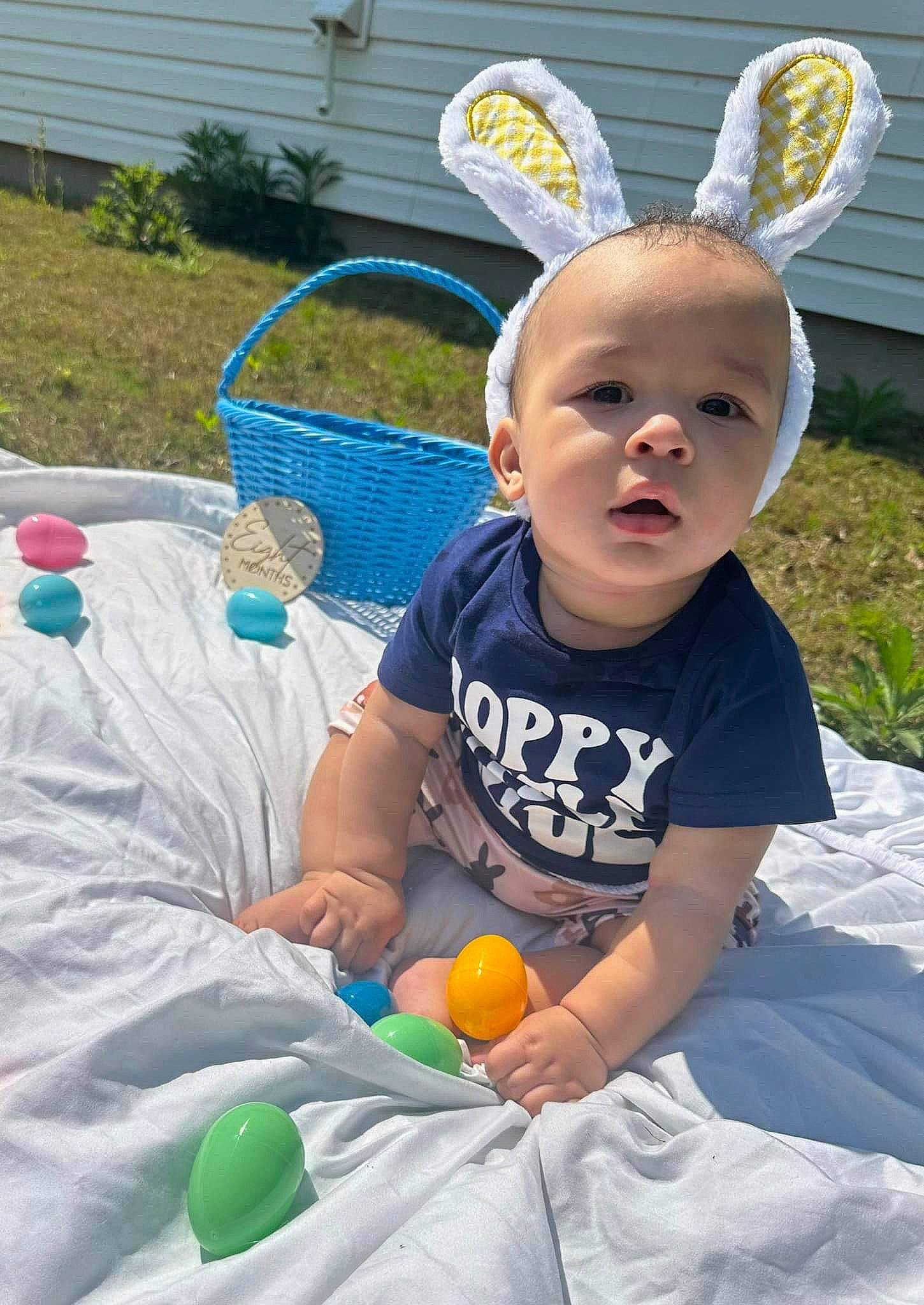 Kaiser is registered to the contest to win money with this photo: baby, baby_toddler_clothing, balloon, child, event, facial_expression, fawn, fun, grass, happy, leisure, people, people_in_nature, person, plant, play, product, recreation, sitting, t_shirt