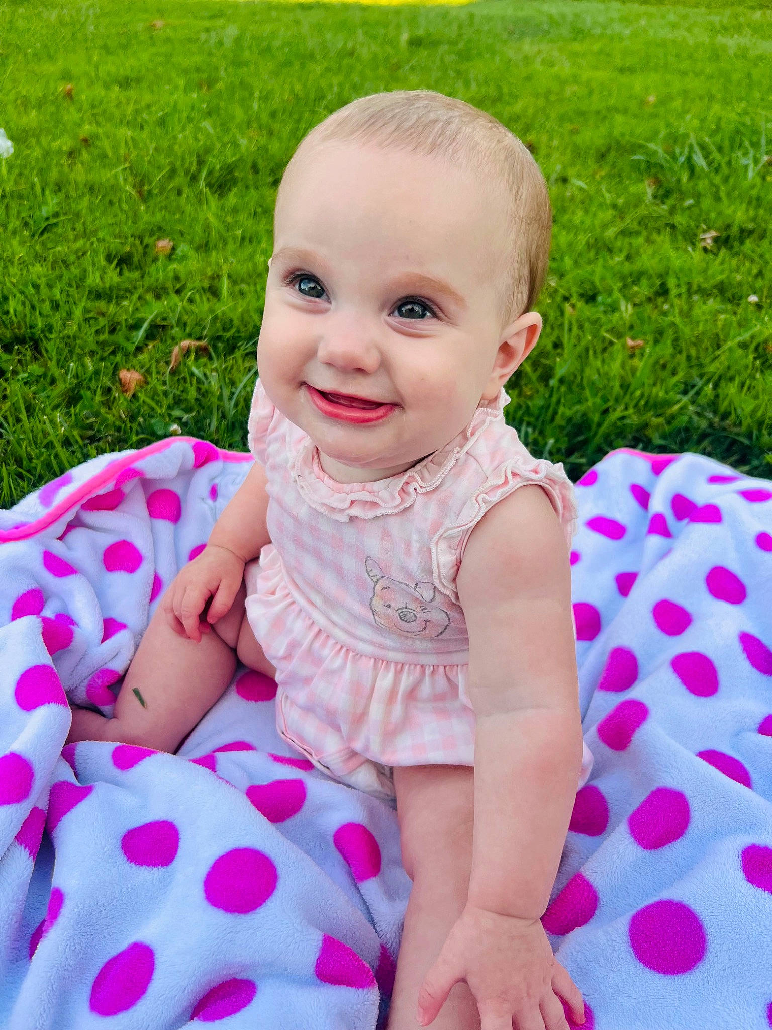 Madelyn joined the competition — help win amazing prizes! baby, baby_toddler_clothing, dress, facial_expression, fun, grass, happy, joy, leisure, lip, magenta, pattern, people_in_nature, person, pink, plant, skin, sleeve, smile, summer